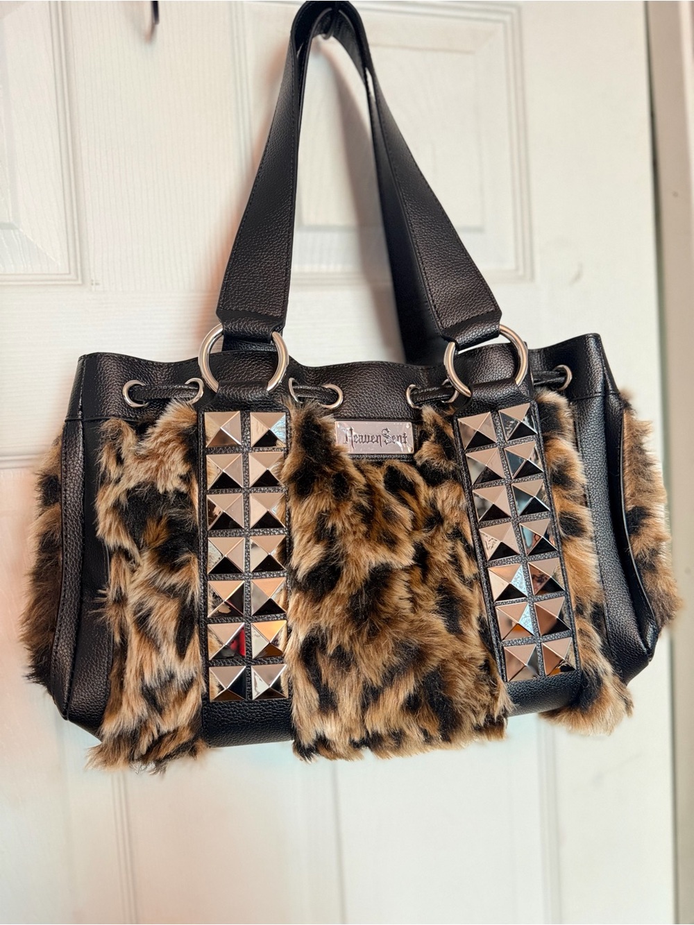 Heavensent Faux Fur Leopard Print Studded Tote Bag - Black
